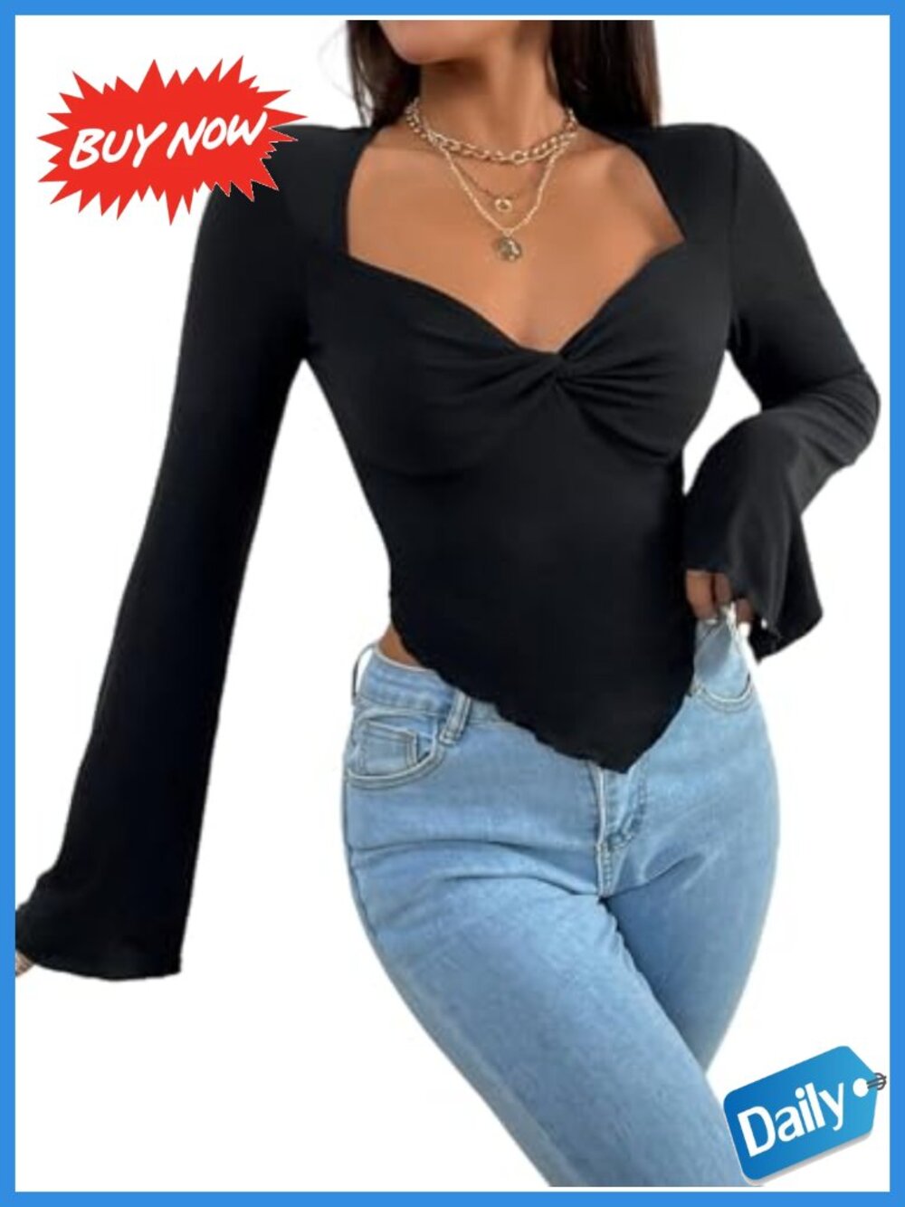 Women Bell Sleeve Crop Top Asymmetrical Hem Square Neck Long Sleeve